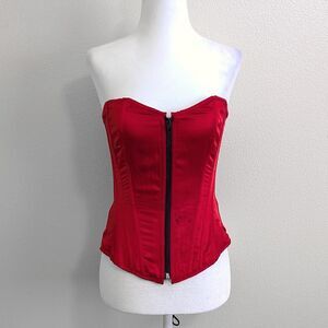 Vintage Burlesk Red Cinched Fully Boned Front Zipper Satin Corset | Size XS